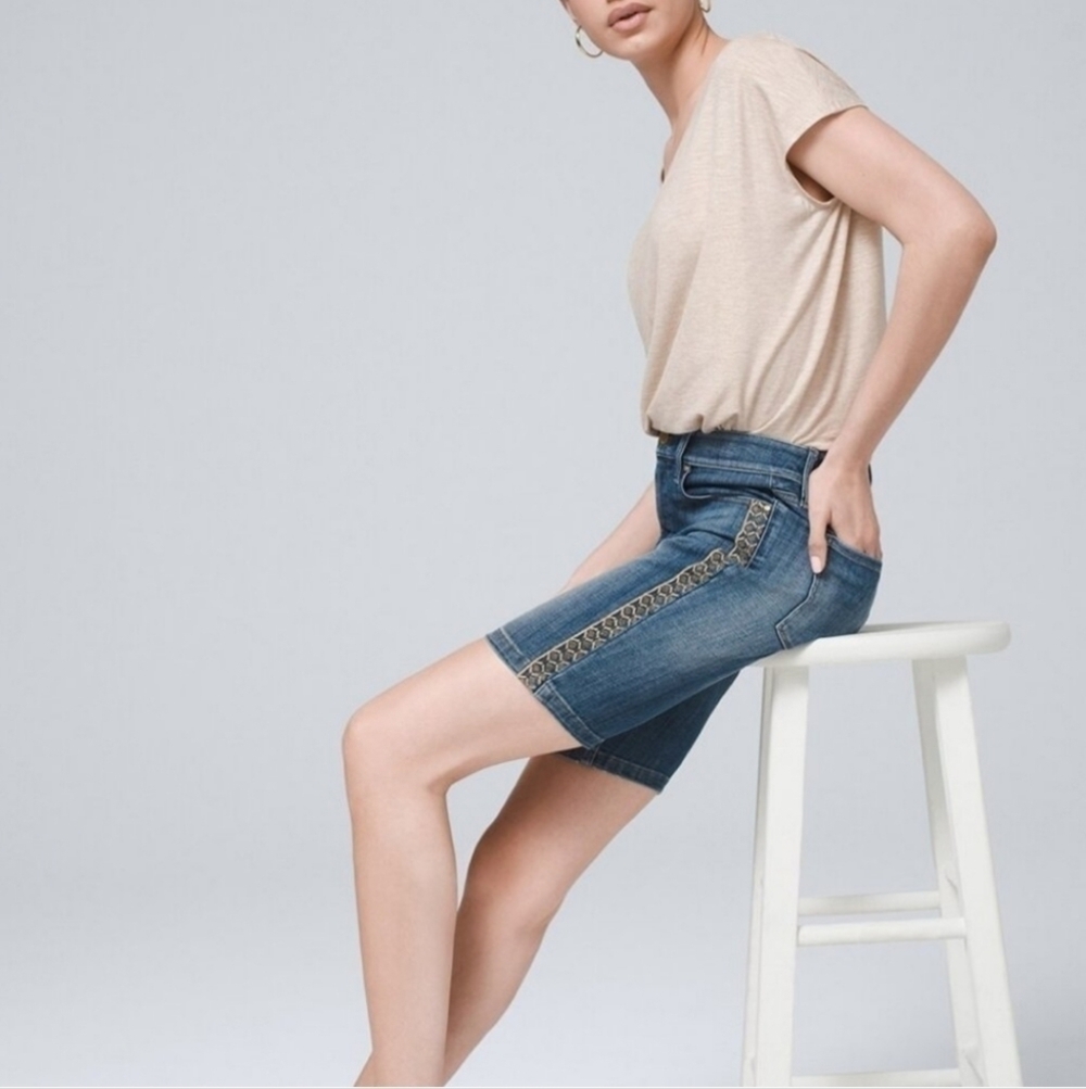 WHBM Everyday Soft Denim High Rise Embroidered Bermuda Summer Shorts 8